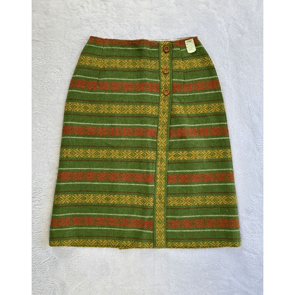 Vintage 1970s Wrap Skirt Knee Length Green/Yellow, Buttons Reto Size 26/27 Waist